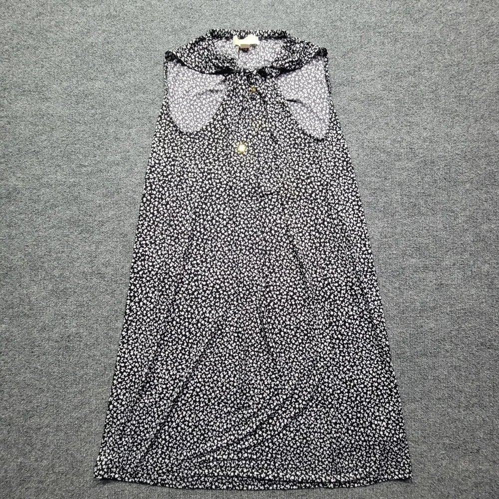 Michael Kors Floral Ruffle Dress Womens‎ L Black White Collared Sleeveless Retro
